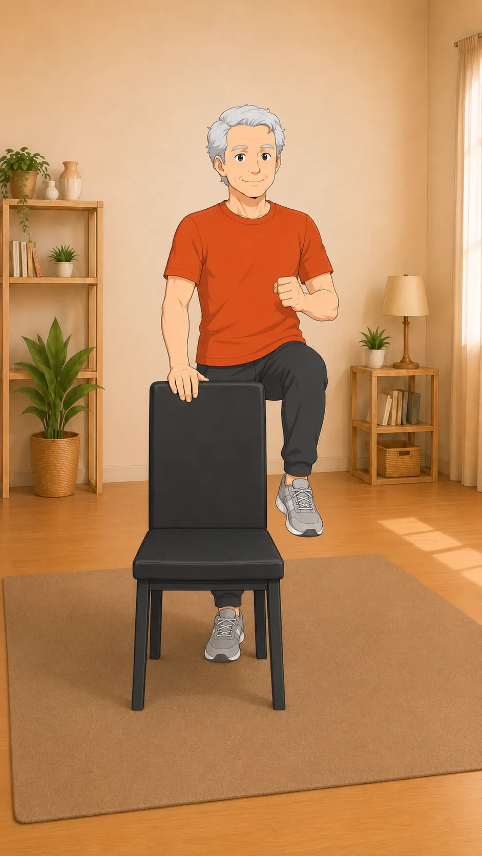 An older man marching with high knees, steadying himself on the back of a chair.