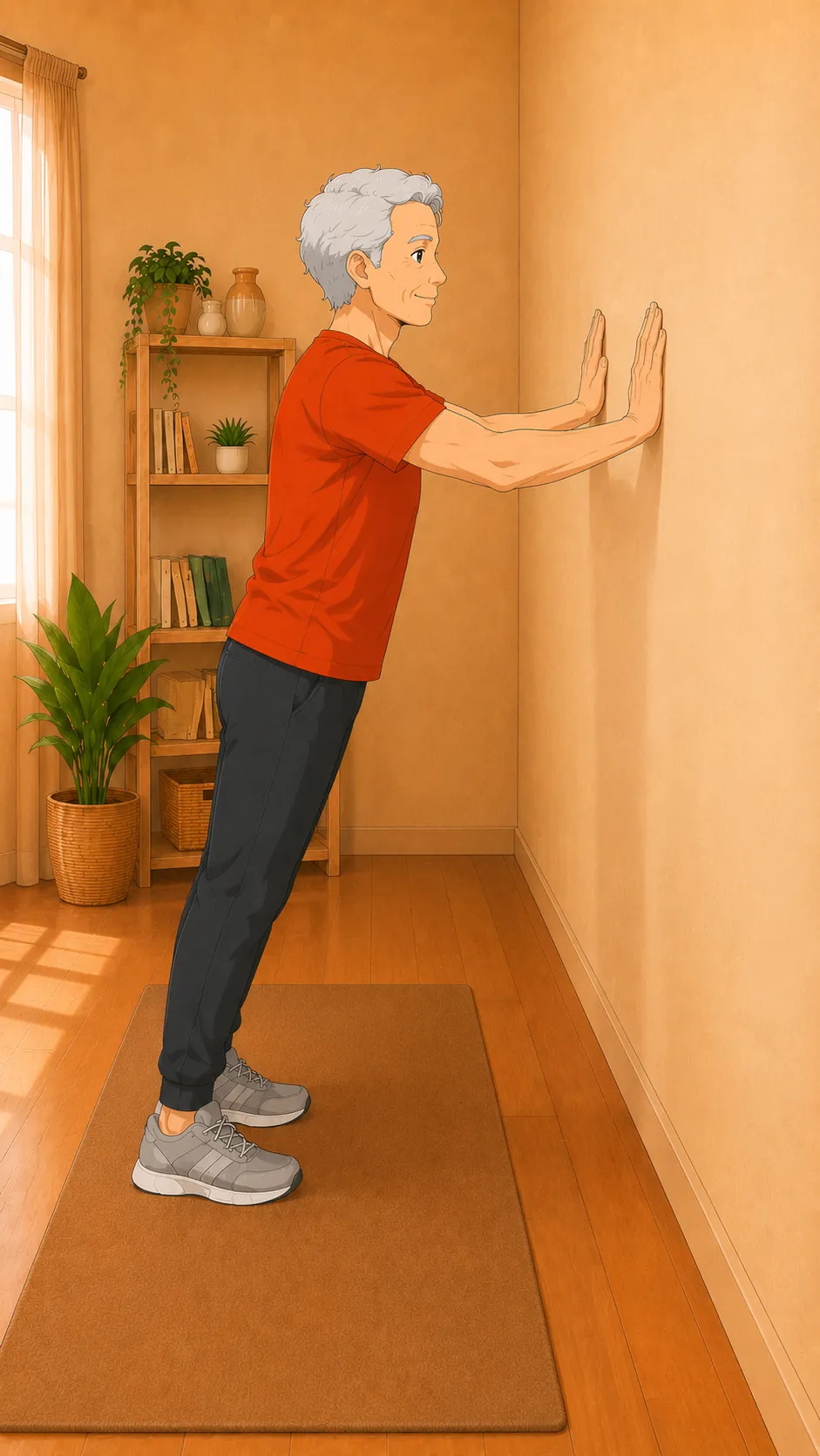 An older man doing a gentle standing wall push-up to loosen the back and shoulders.