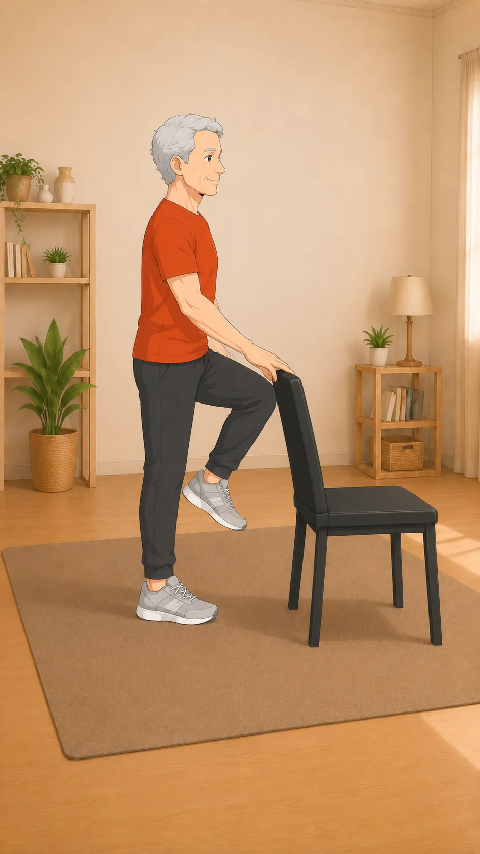 An older man doing a standing balance exercise, one hand on a chair back and one knee lifted.