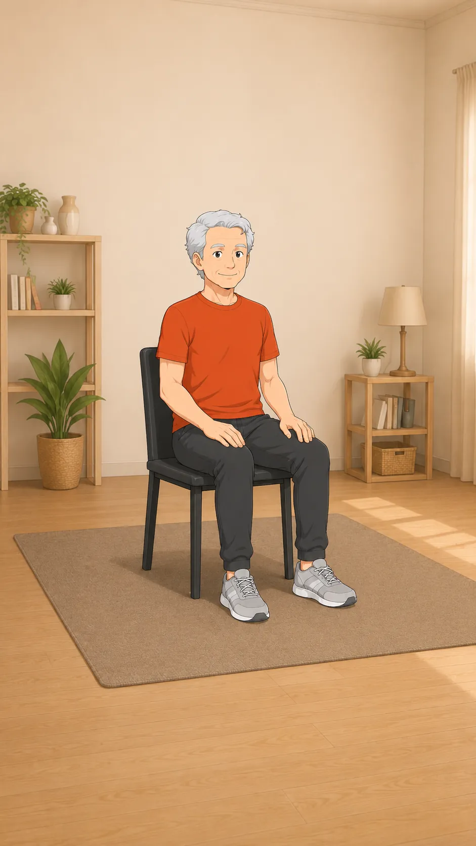 An older man sitting tall on a chair at home, ready for a seated workout